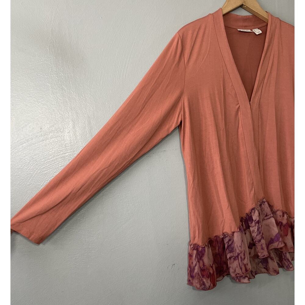 LOGO Lori Goldstein Layering Cardigan Size Medium Brick Boho Ruffled Lagenlook - Picture 2 of 12